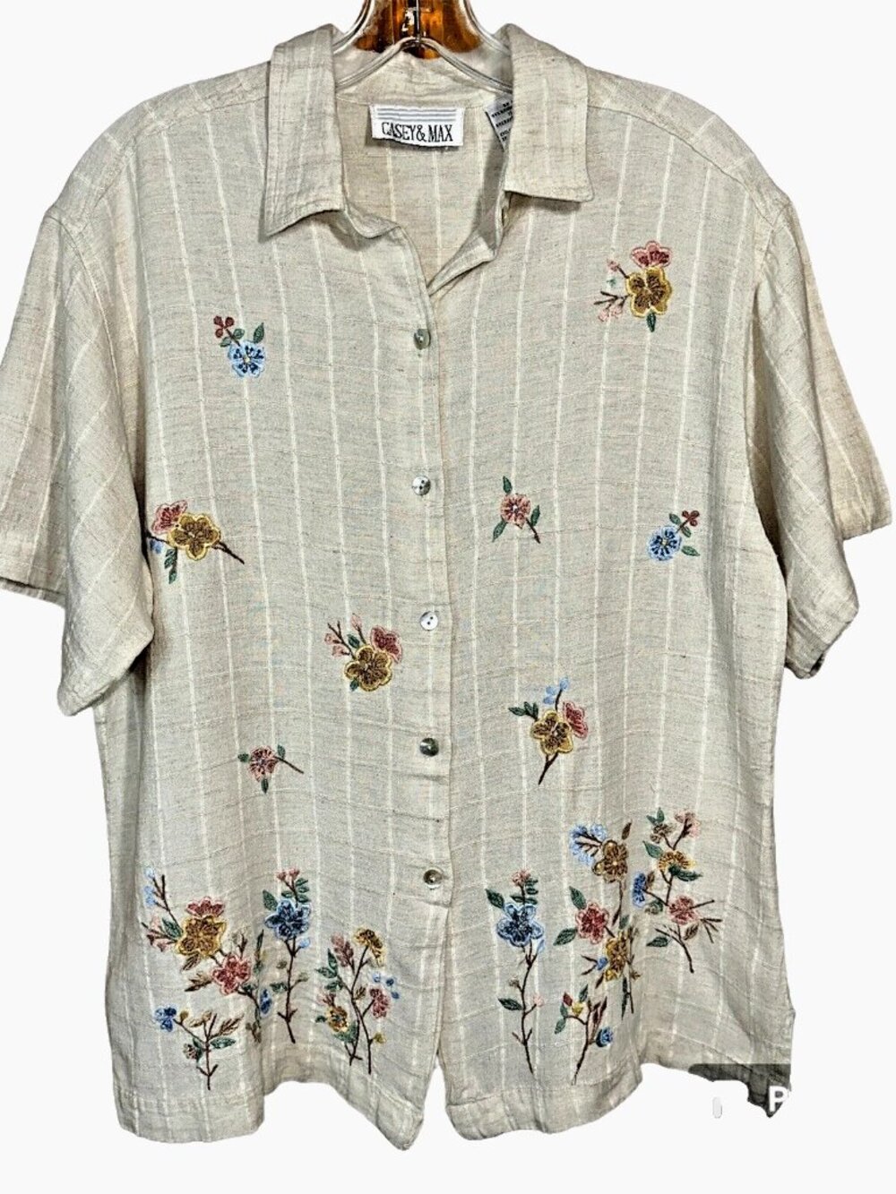 Vintage 90s Casey & Max Floral Beaded Shirt Size L Cottagecore Boho India-Made - Picture 2 of 7